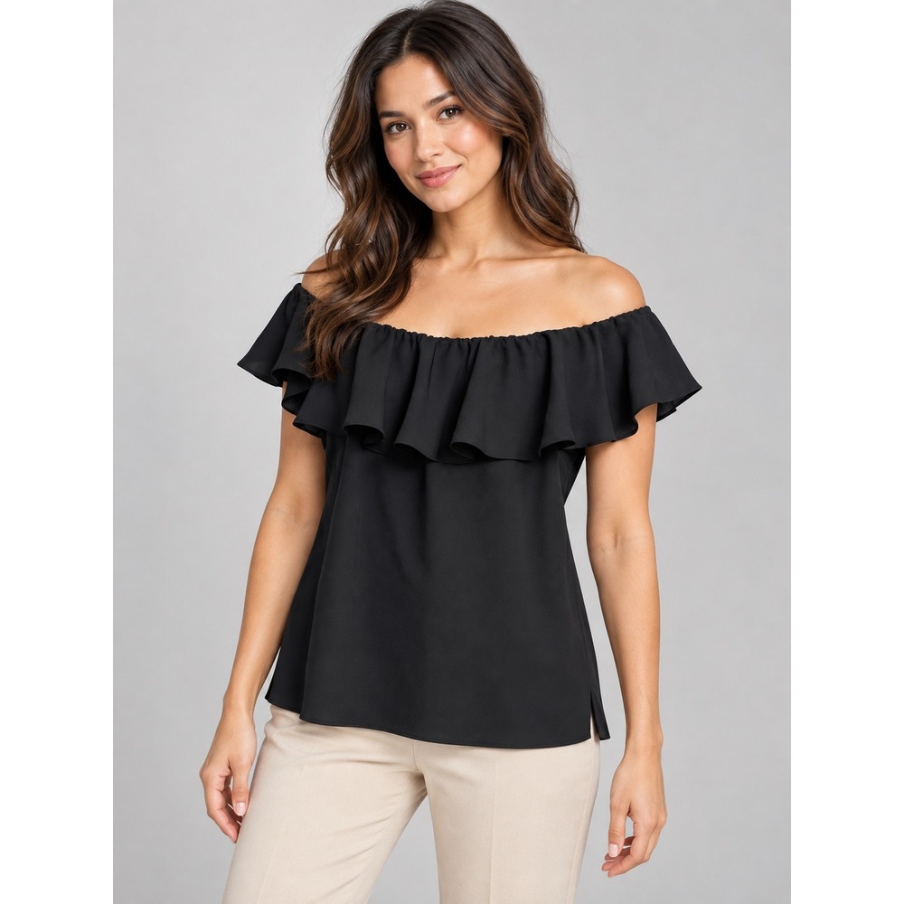 Polo Ralph Lauren Black Off The Shoulder Ruffle Top Size 8 Crepe Blouse